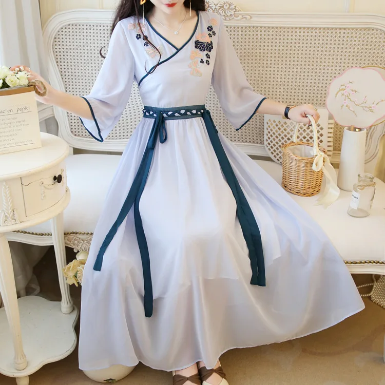 Сказочное длинное платье в китайском стиле, женские традиционные китайские платья, шифоновые халаты, Летнее цветочное вышитое винтажное платье в стиле династии Хань