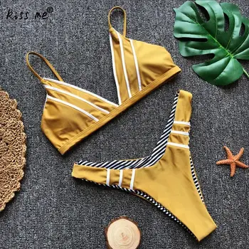 

Sexy Bikini Set Deep V Yellow Swimsuit Sling Halter Bathing Suit Women Tankini Set Striped Swimwear Beach Suit Backless