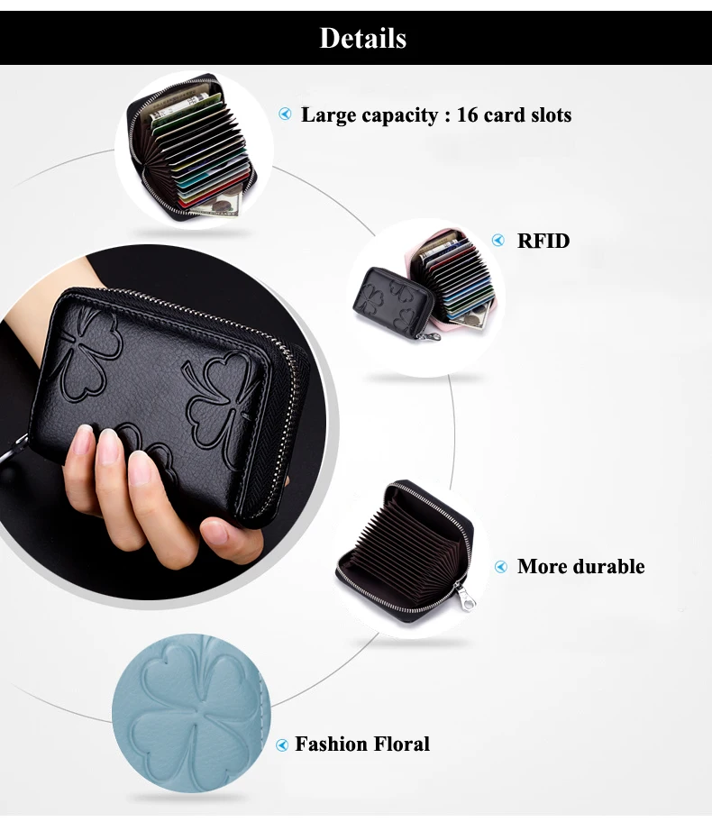Lomelobo Lady Flower Card Holder Split Leather Girl Zipper Coin Purse Women Business Card Cowhide Female Credit ID Cards Wallets HCL7132  Details (03)