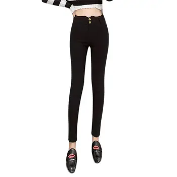 

New Plus Velvet High Waist Slim Skinny Pencil Pants Elastic Bottom Warm Black Trousers Autumn and Winter