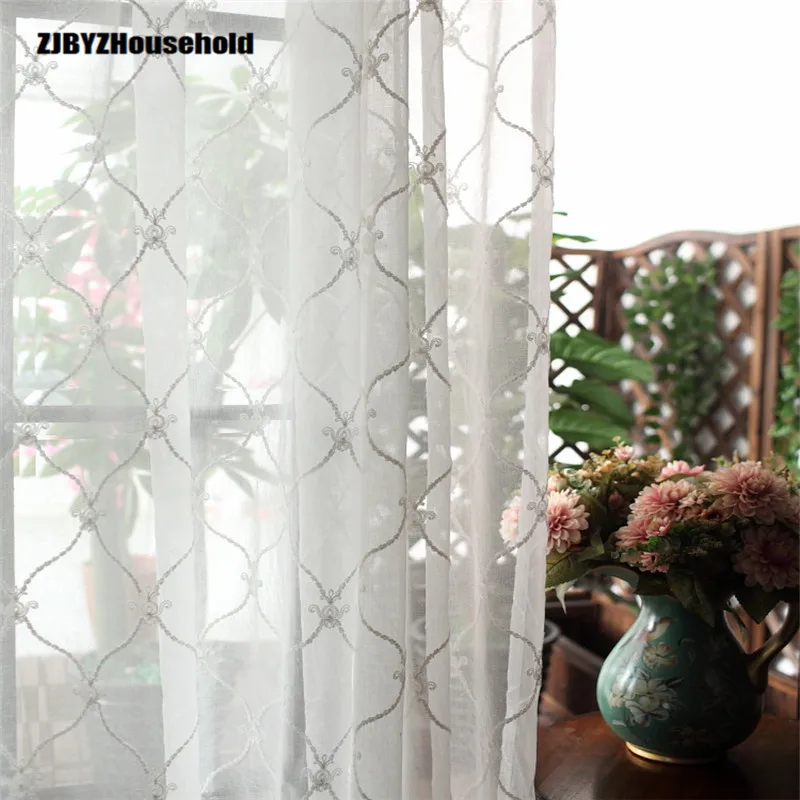 

Embroidered White Yarn Tulles for Living Dining Room Bedroom Modern Simple Plaid