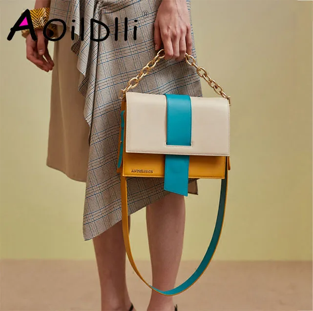 

Personality stitching contrast color shoulder bag female 2018 summer niche design new chain portable diagonal small square bag