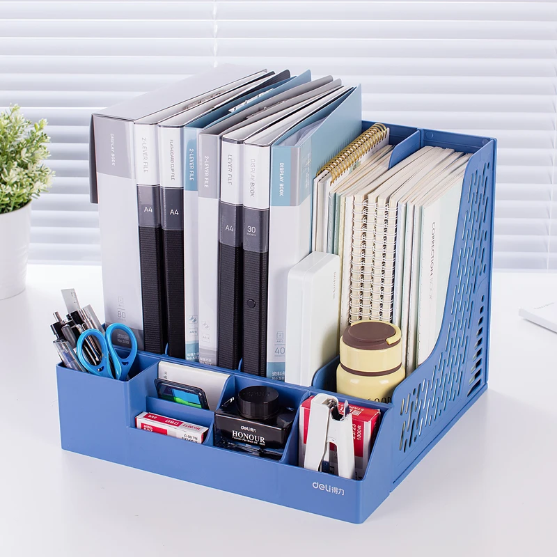 Deli 78981 пластиковая коробка для документов с подставкой для ручек, корзина для файлов, лоток для документов, синий, черный, серый цвета на выбор