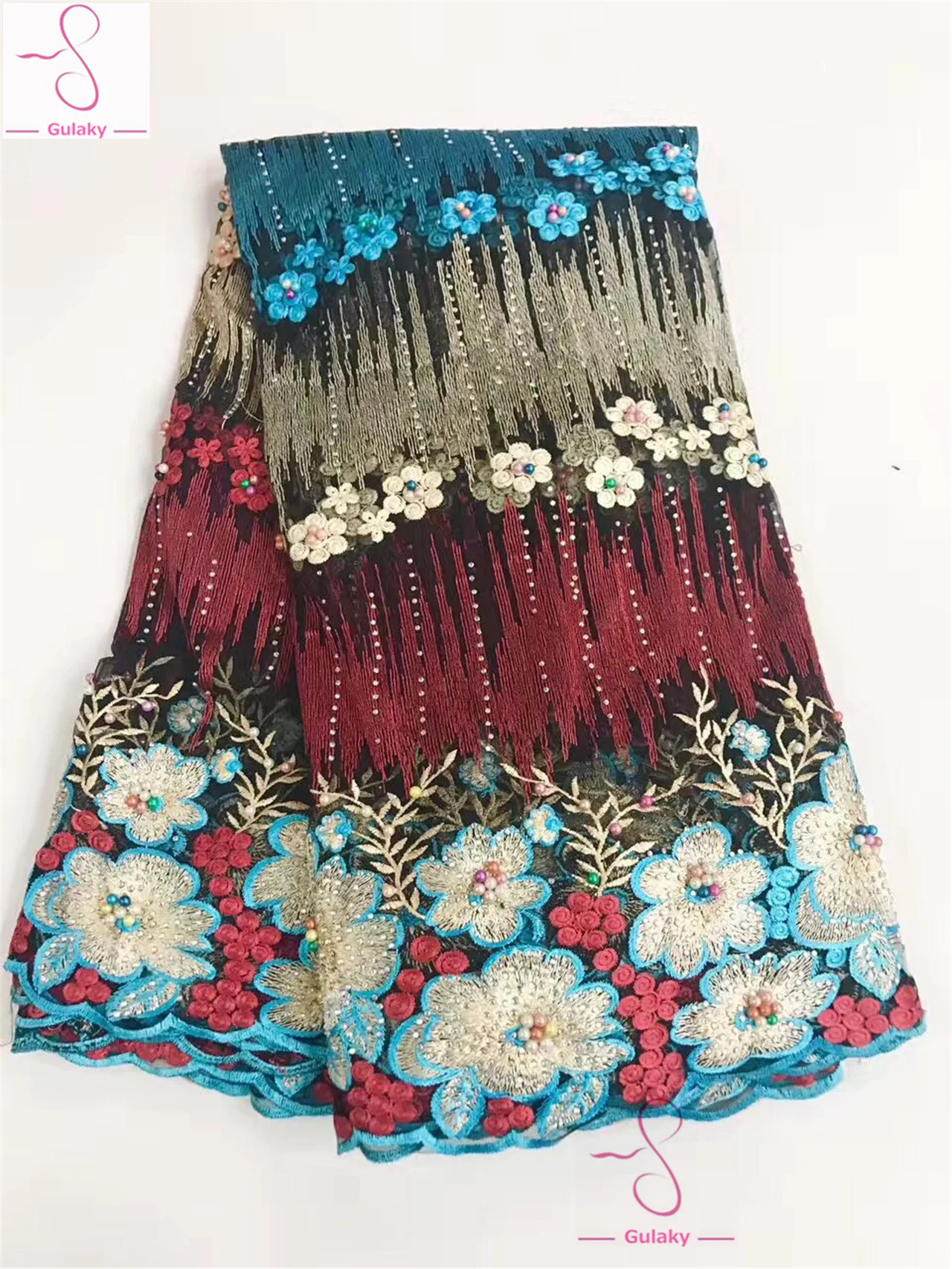 Blue Senior Party African Lace Fabric High Quality 3D with Beads Nigerian Fabrics for Bride Dress JY844 | Дом и сад
