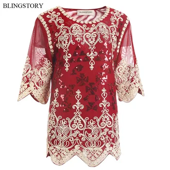 

BLINGSTORY Women Embroidered Sequin Party Tops All-match Flower Blouse