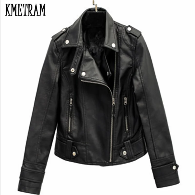 KMETRAM/Новинка 2019 года; весенне-осенняя женская куртка из искусственной кожи; тонкая черная крутая куртка Chaqueta Mujer из мягкой кожи;