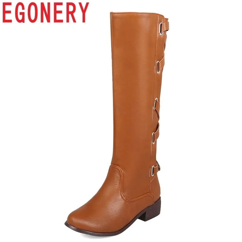 

EGONERY shoes women 2019 new concise casual round toe low square heel zip winter warm outside large size ladies knee high boots