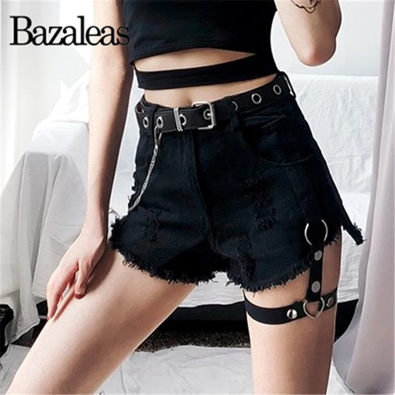 

Bazaleas Streetwear Black Demin Shorts Sexy Leg ring Women Shorts Punk short feminino harajuku Tassel short Casual drop shipping