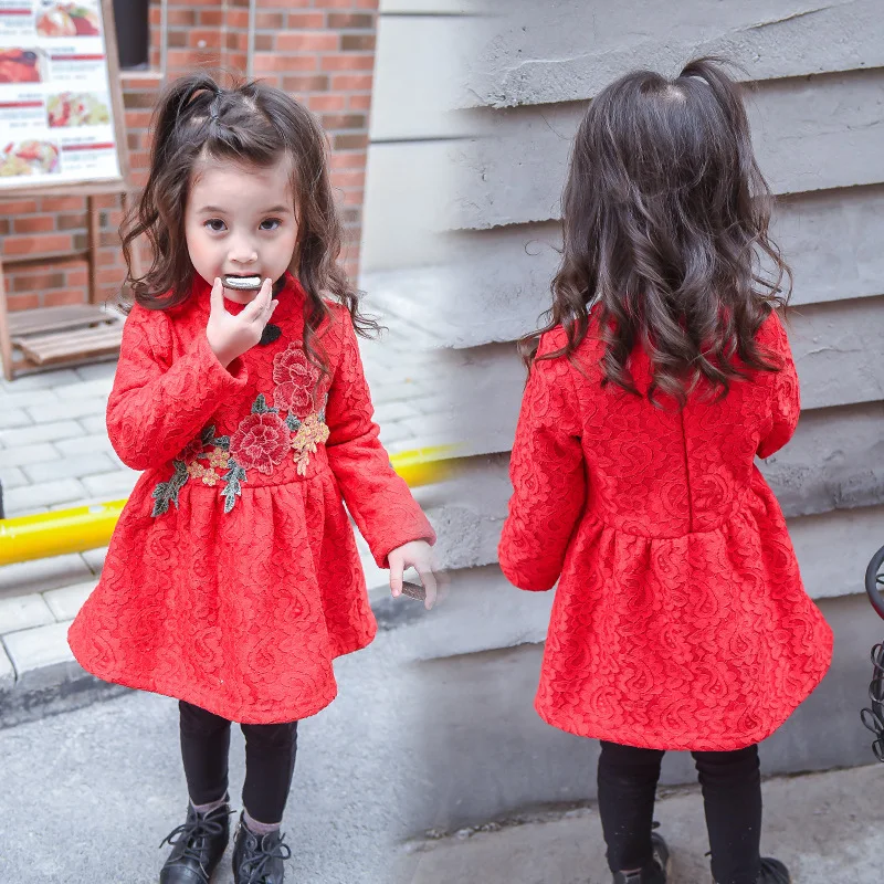 

hot sale Girl long-sleeved cheongsam dress Chinese style children's clothing 2017 spring lace fine embroidery new year red dress