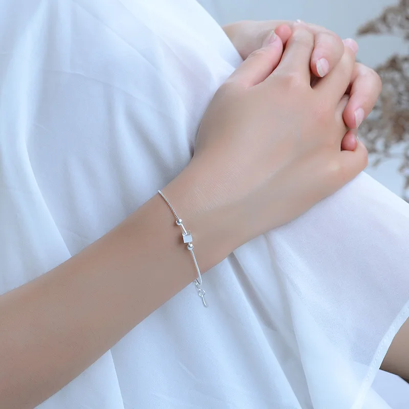 

925 Sterling Silver Square Bead Box Chian Anklet Charm Bracelets &Bangle For Women Jewelry Accessories Bijoux Gifts A161