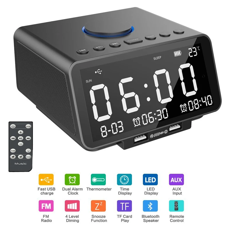 

USB Fast Charge Port TF Card Play Indoor Temperature LED Alarm Clock FM Radio with Wireless Bluetooth Speaker Player