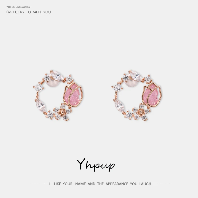 

Yhpup Trendy Sweet Romantic Cubic Zirconia Stud Earrings Pink Rose S925 Silver Pins Exquisite Jewelry for Women Wedding Party