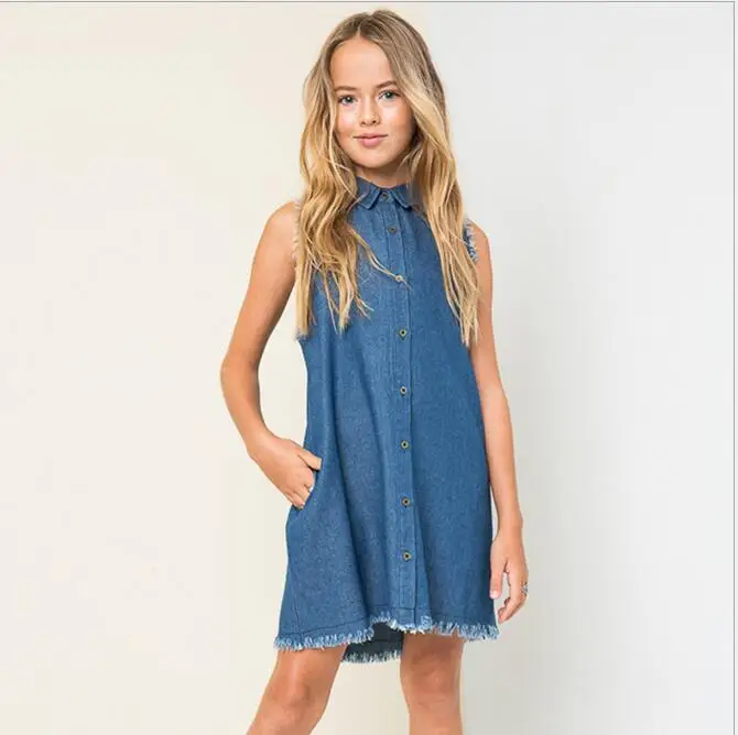 Christmas Junior Wash Blue Denim Dresses Teenager Fashion Sleeveless