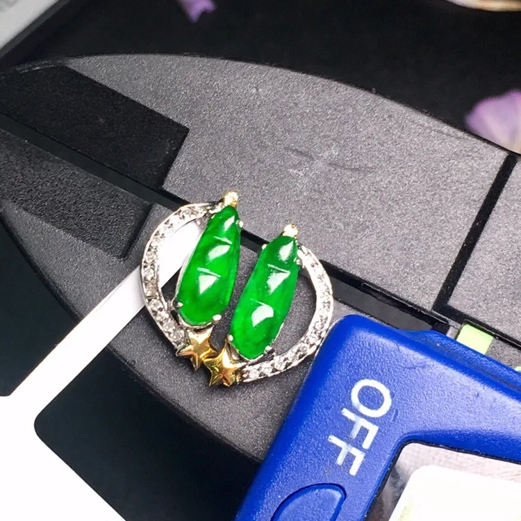 

502 Fine Jewelry Real 18K White Gold AU750 100% Natural Green Jade Amulet Gemstone Myanmer Origin Stud Earrings for Women