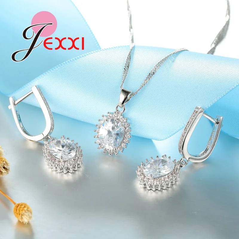 925 пробы Серебряное ожерелье серьги ювелирный набор 2 цвета овальный CZ блестящий Bijoux свадебный подарок