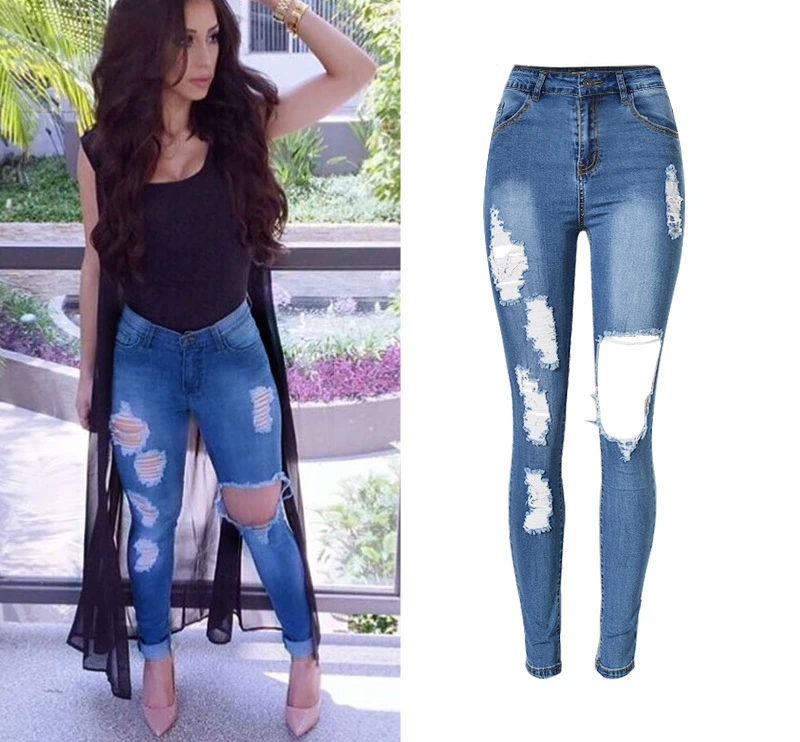 

Sherhure Fashion Jeans Woman High Waist Hole Elasticty Ripped Jeans For Women Denim Jeans Pencil Pants Femme Plus Size for Women