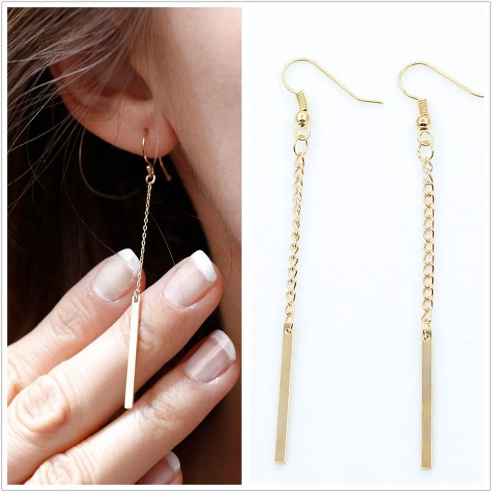 

Simple Design Gold Color Stick Shape Long Tassel Drop Earrings Women Brand Fashion Ear Cuff Piercing Dangle Earring Gift A194
