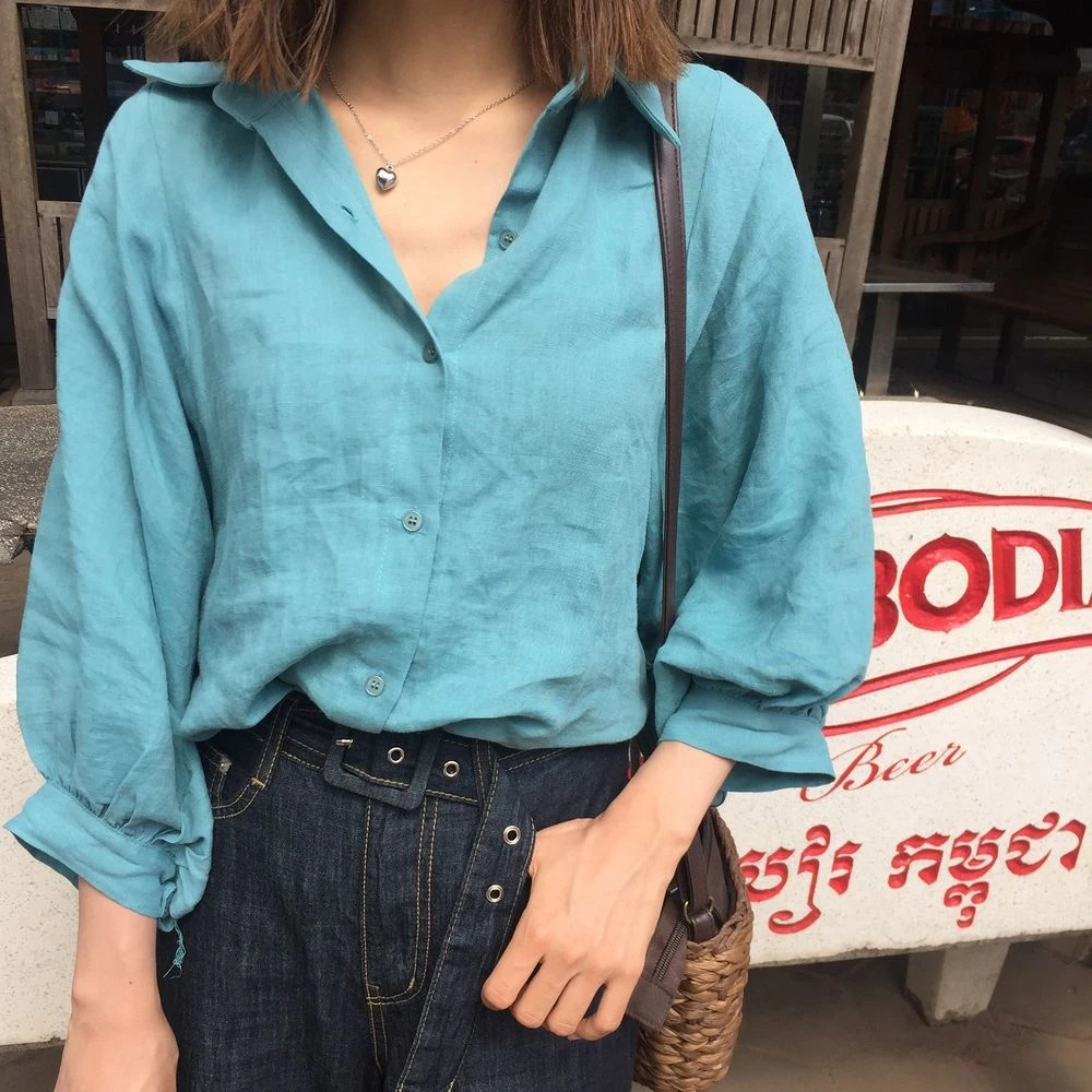 Blusa de algodón con manga larga para verano, camisa fina para mujer, color turquesa, 2020|Blusas y camisas| AliExpress