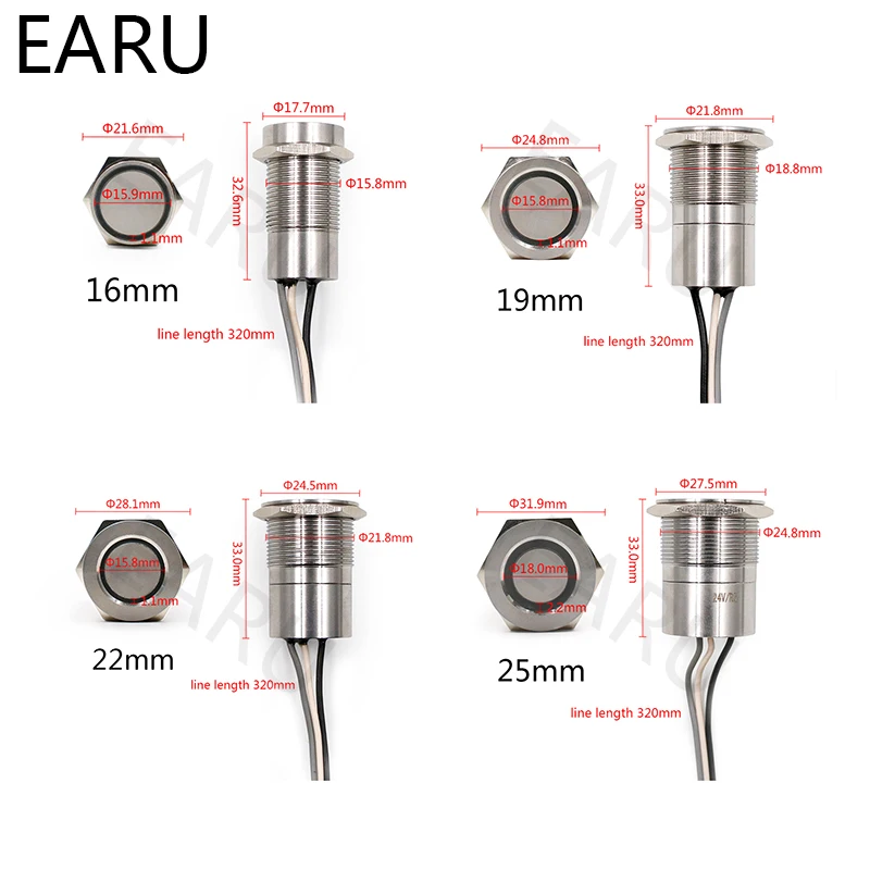 16 мм 19 мм 22 мм 25 мм металлический кнопочный переключатель из нержавеющей стали сенсорный Переключатель ВКЛ/ВЫКЛ водонепроницаемый IP68 IC Core светодиодный светильник с подсветкой
