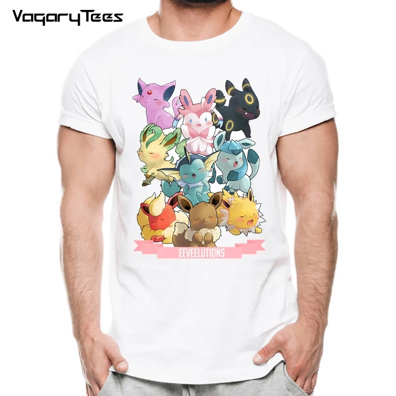 Pokemon Go Men T-shirt Fashion Stitch Tops Pokemon Eevee Evolution Printed t shirts Short Sleeve Hipster Comics tee
