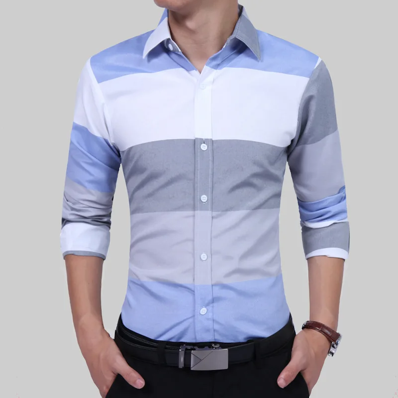 Men Contrast Multi Striped Casual Shirts Soft Cotton Long Sleeve Slim
