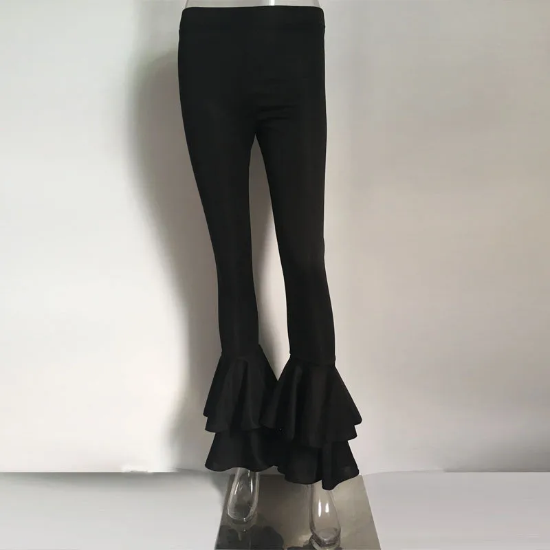 Черные расклешенные женские брюки осень-зима модные Стрейчевые Многослойные брюки с оборками обтягивающие брюки с высокой талией расклешенные брюки - Цвет: Black