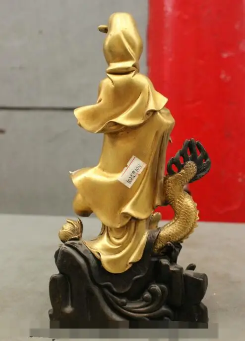 

S1389 Chinese Pure Bronze 24K Gold Bead Lotus GuanYin Kwan-yin On Dragon Head Statue