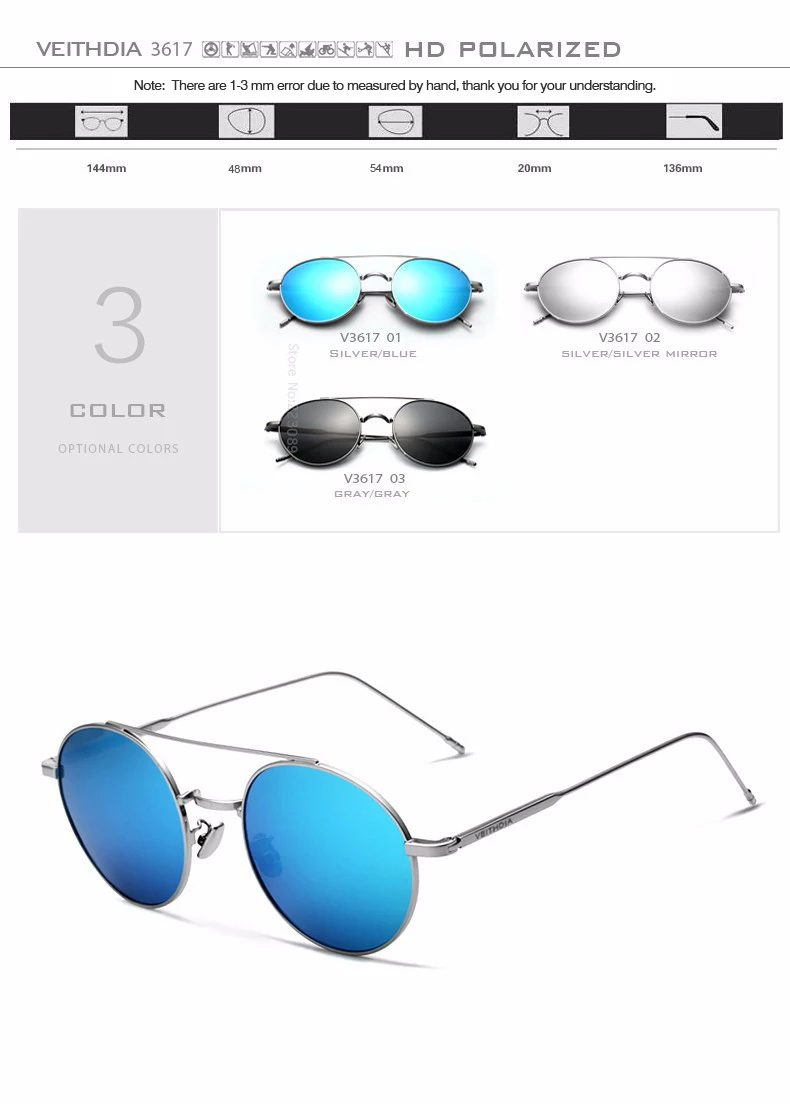 Бренд VEITHDIA, унисекс, модные солнцезащитные очки, поляризационное покрытие, зеркальные классические солнцезащитные очки, круглые мужские очки для мужчин/женщин 3617
