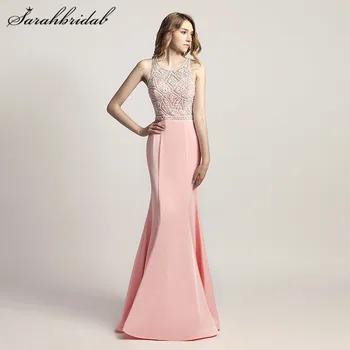 

Charming Elegant Mermaid Long Evening Dresses Satin Pearls Zip Back O-Neck Beading Floor Length Sleeveless Prom Party Gown LX420