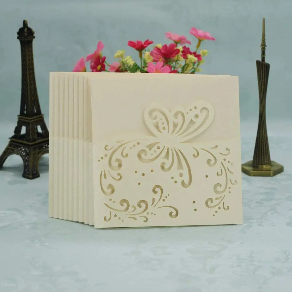  20 pcs Card Paper Square Announcement Elegant pattern Wedding Invitation Card - 15 cm - Butterfly - 32913013348