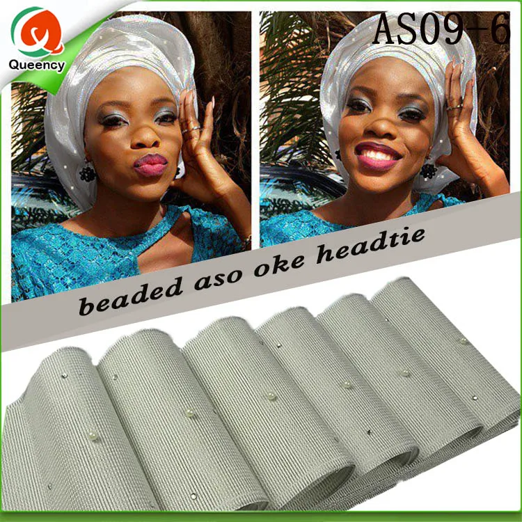 

AS09 Free shipping beaded and stones African aso oke gele Multi-colored length 17.2 meters Plain Multi-colored aso-ebi for women