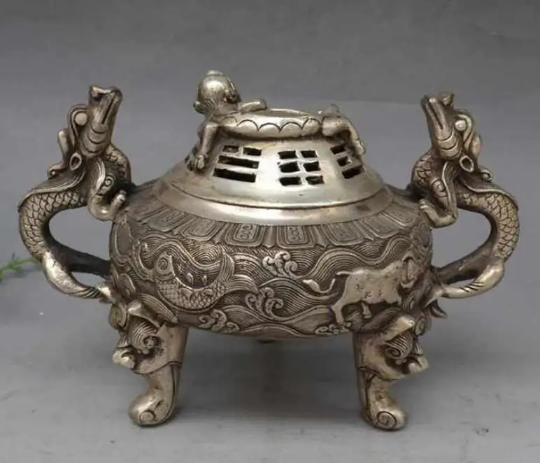 

Old Chinese Silver Fengshui Oxen Fish Dragon Beast Wealth incense burner Censer