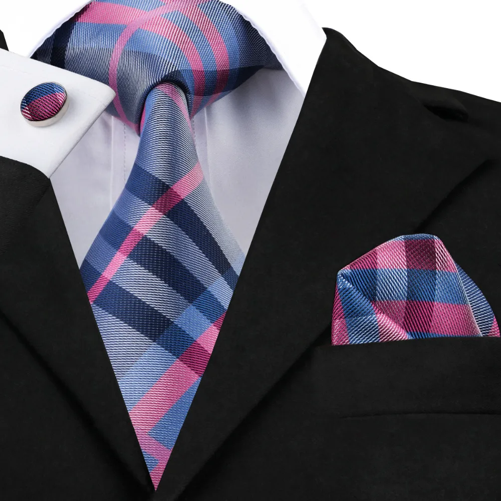 2017 Fashion Darkgray Pink Blue Plaid Tie Hanky Cufflinks 100 Silk