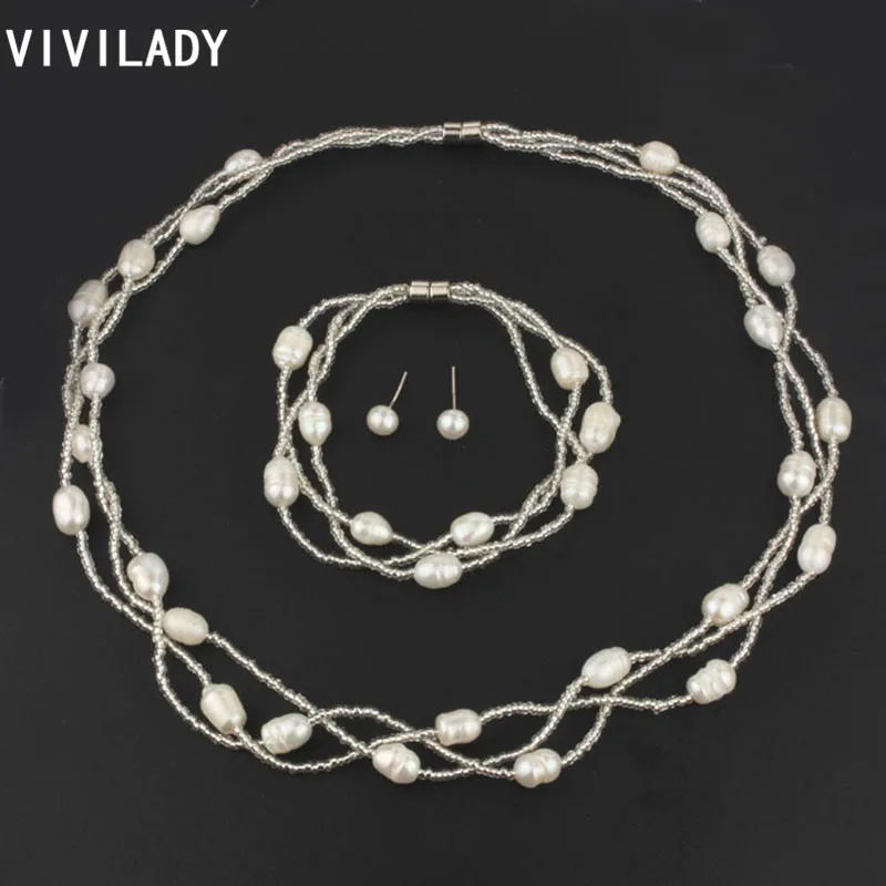 

VIVILADY 100% Natural White Freshwater Pearl Jewelry Sets Women Magnet Necklace Bracelet Stud Earrings Wedding Anniversary Gifts