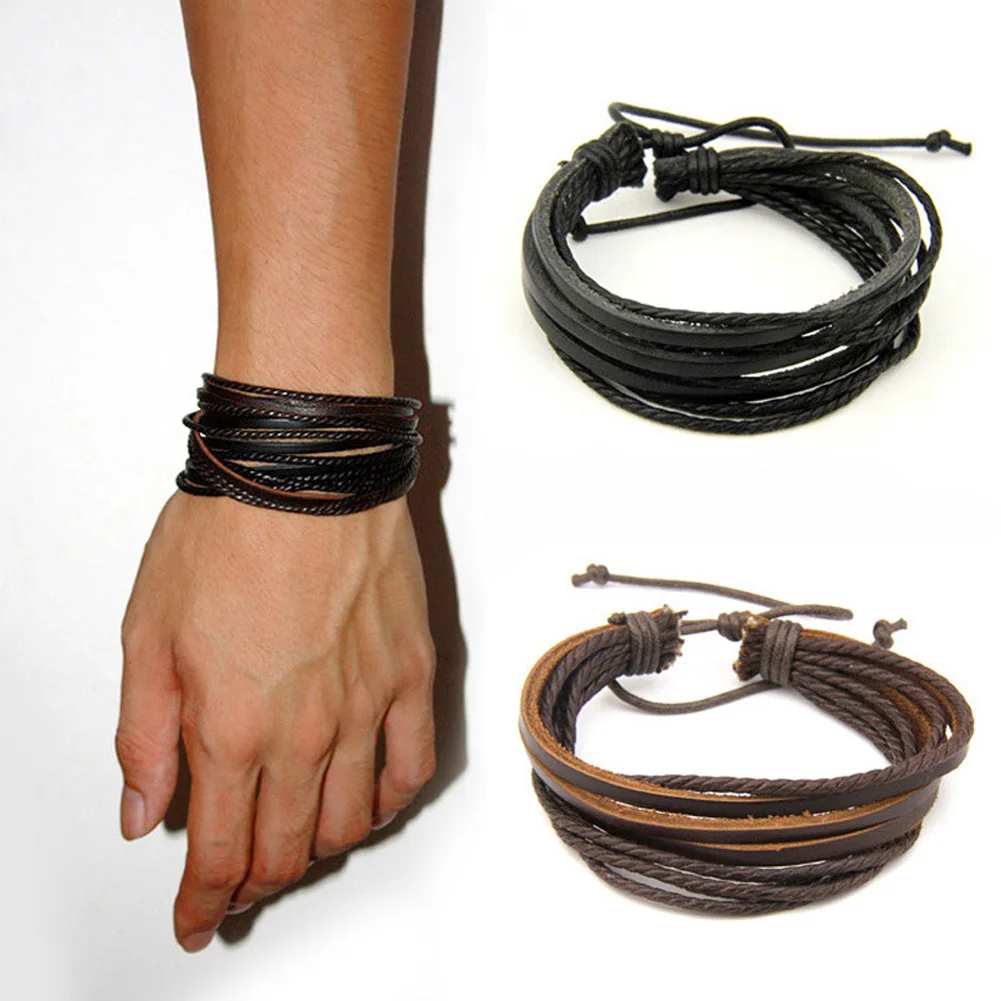 

1PCS Hot Sale Male Fashion Mens Bracelets Five Wax Ropes Handmade Leather Brown Color Bracelet Drop Shipping 2019 New Arrival