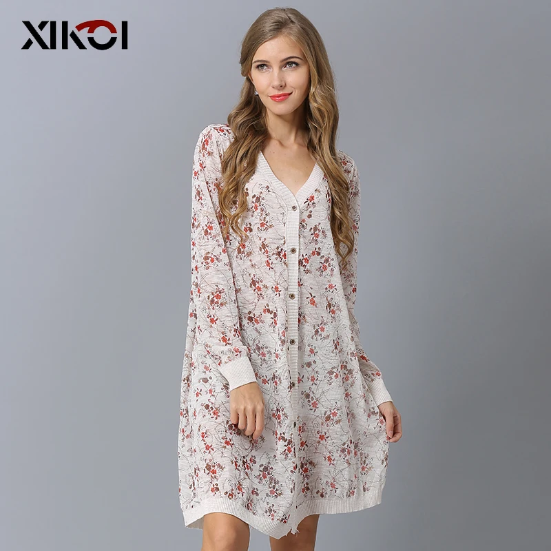 

XIKOI Prairie Chic Girl Dress Thin Summer Home Women Pajamas MIDI V-Neck Plum blossom Print Chinese style Acrylic 2019