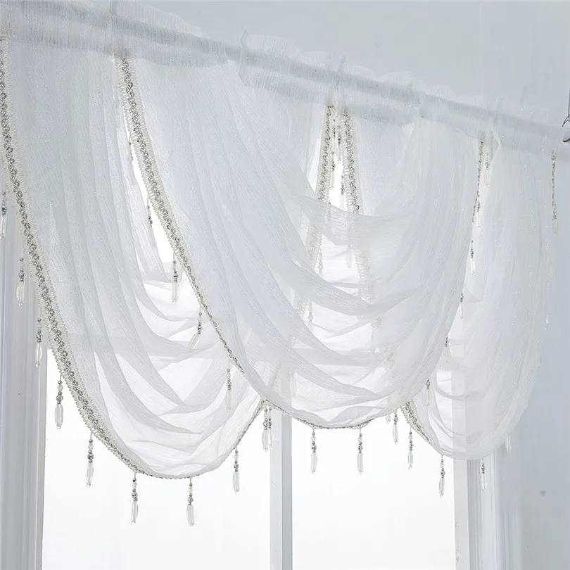 Curtain Window Valance Luxury White Diamond Sheer Embroidered Waterfall Window Valance Tassel Trim 2019 new #3M13 (2)