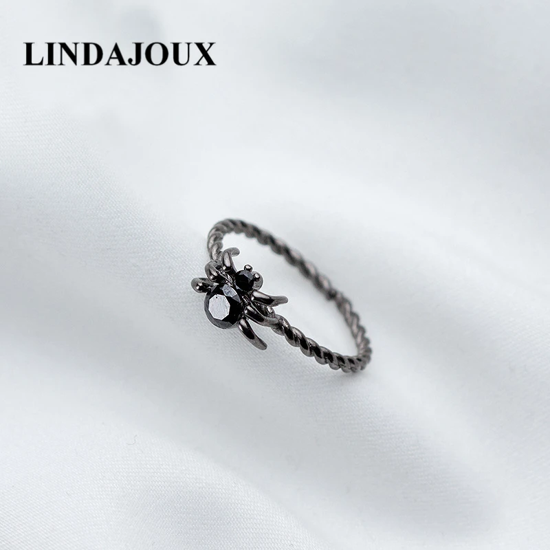 

LINDAJOUX 925 Sterling Silver Black Gold-Color Spider Charm Open Ring For Women S925 Silver Wedding Engagement Rings