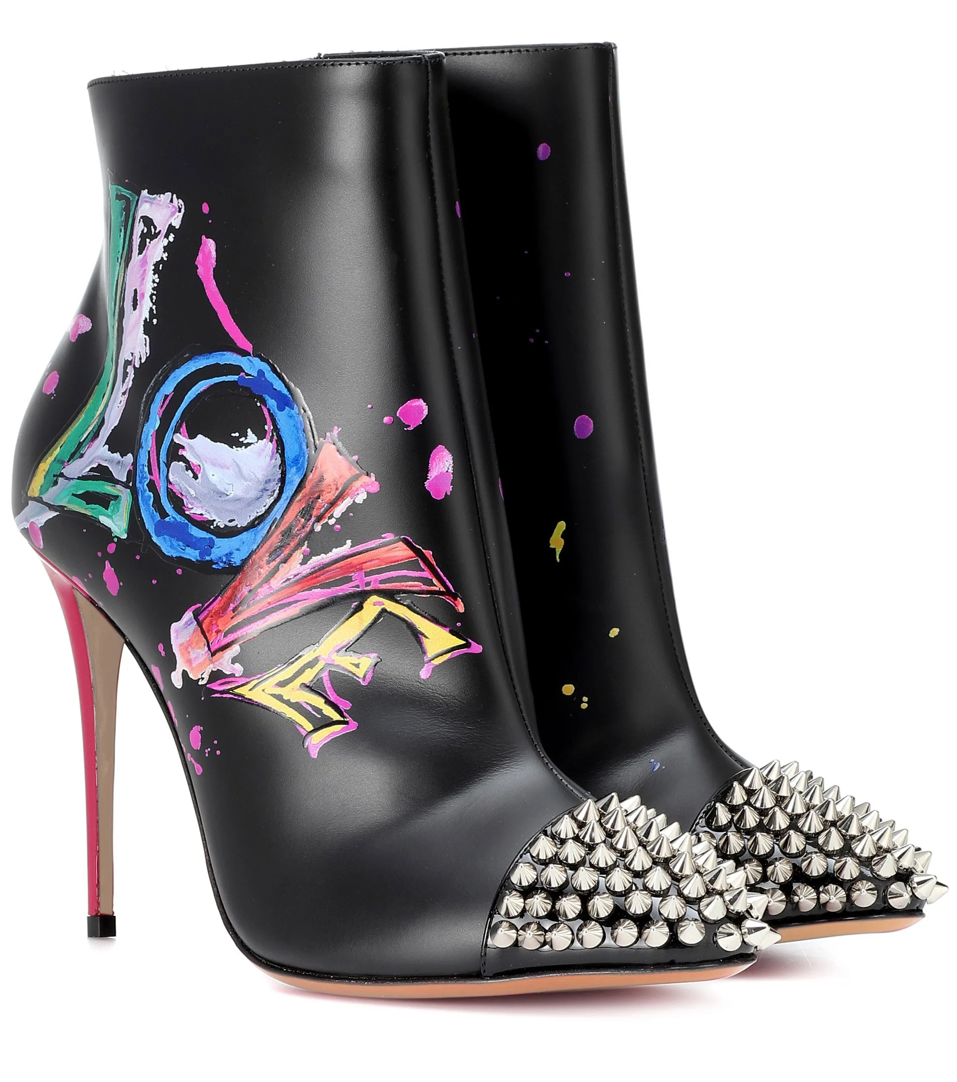 

US4-11 Womens Pointed Toe Painted graffiti Ankle Boots Rivet Studs Stilettos High Heel Side Zip Shoes Genuine Leather Plus Size