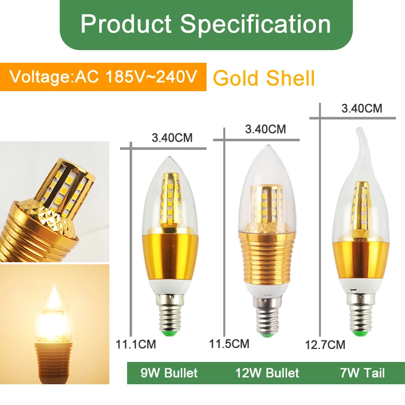 Kaguyahime 3 Вт~ 12 Вт свеча светодиодный светильник E14 золотой алюминий 9 Вт 12 Вт Светодиодный светильник 220 В светодиодный светильник Холодный теплый белый лампада Bombillas Lampara