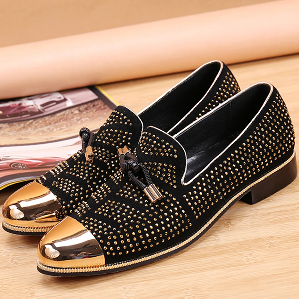 Luxury Mens Spike Loafers Shoes Black Leather Loafers Metallic Gold ...