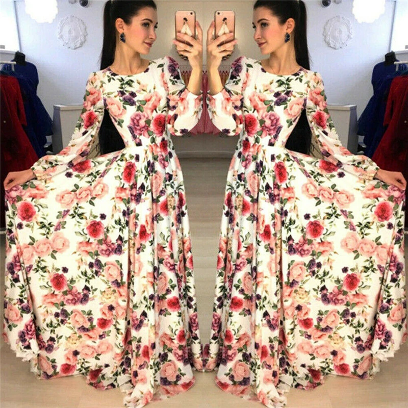 Женское платье с цветочным принтом BOHO длинное коктейльное длинным рукавом и o