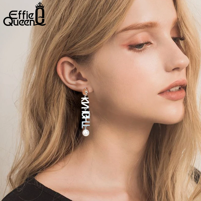 

Effie Queen Real Silver 925 Vintage Earrings With AAA Red CZ Horse Shape Letter Pearl Drop Earing Women Silver Jewelry New BE140