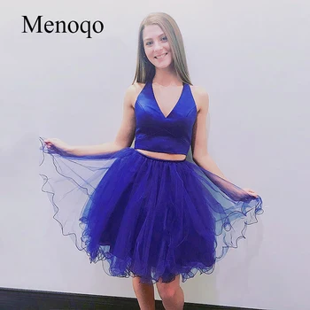 

Menoqo Royal Blue Two Pieces Homecoming Dress Sexy V Neck Tulle Skirt Mini Short Prom Dress High School Graduation Date Dress