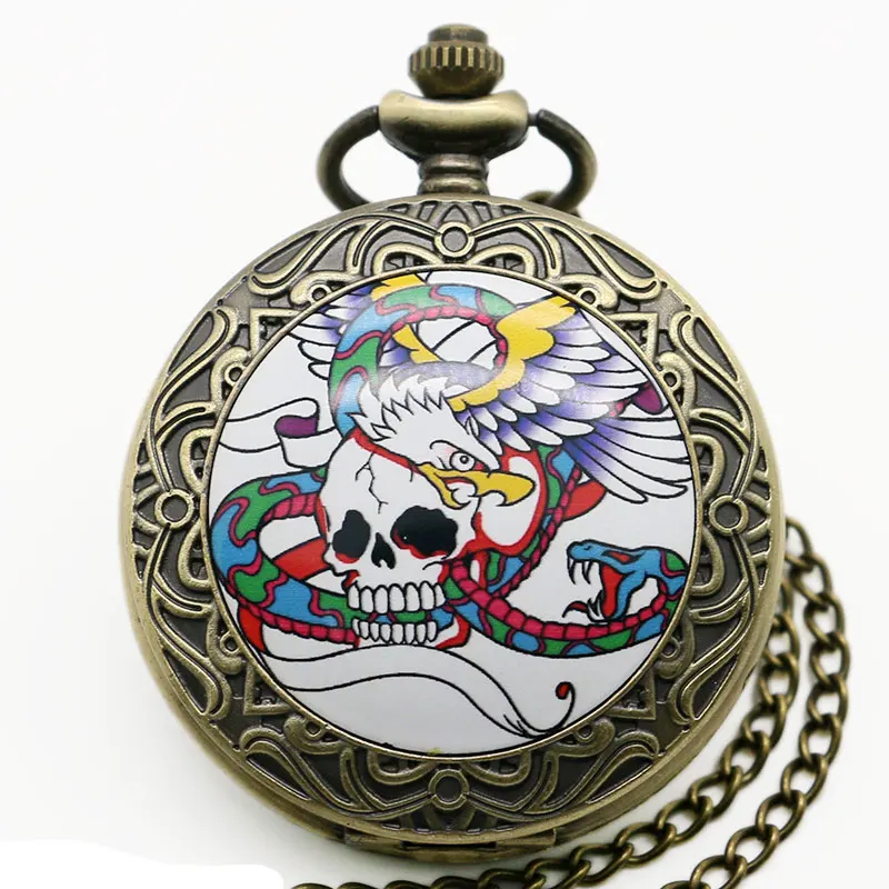 Classic Antique Skull Eagle Snake Design Case Fob Pocket Watch with