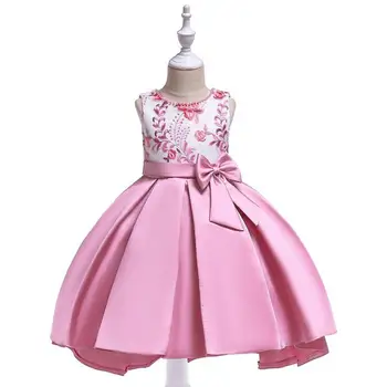 

2019 Spring New Little Girls Satin Flower Girl Dresses Big Bow Beading Appliques Decoration Piano Performance Costumes Prom Gown