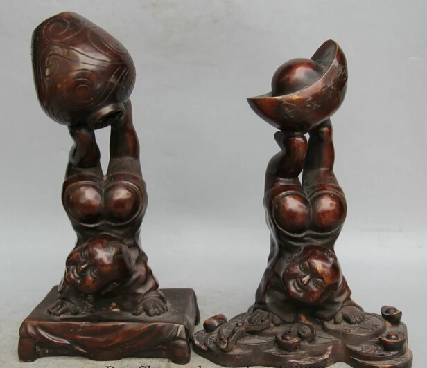

JP S62 11" Chinese Bronze Wealth Yuan Bao Ru Yi Tong Zi Boy lift Pot Jar Crock Statue B0403