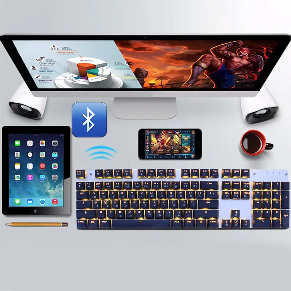 Беспроводная Bluetooth игровая механическая клавиатура RGB с подсветкой светодиодный