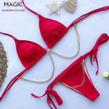 Одноцветный бикини Новые летние цепочка с кнопками дизайн сексуальный комплект бикини с низкой талией желтого и красного цветов, купальник для женщин, одежда для купания, купальный Купальник, пляжный костюм