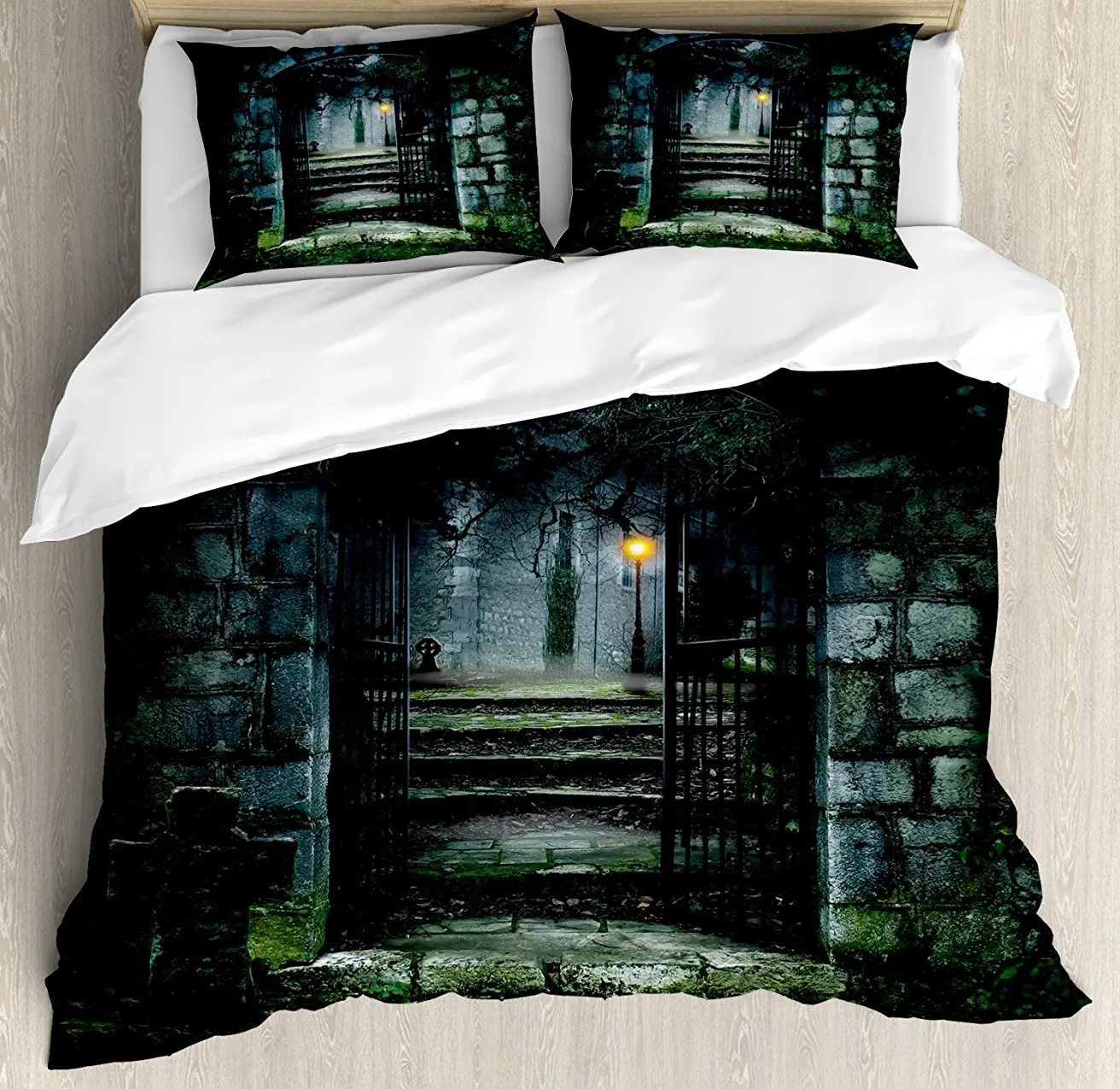 

Duvet Cover Set, Illustration of the Gate of a Dark Old Haunted House Cemetary Dead Myst Fiction Art Print, 4 Piece Bedding Set